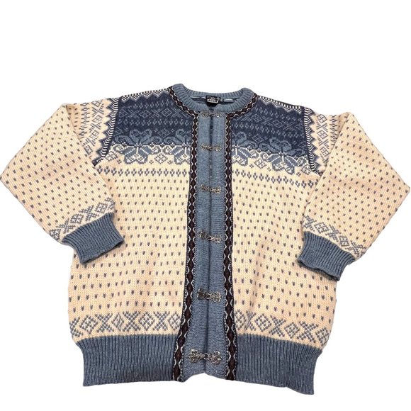 Dale of Norway Sweaters - Dale of Norway Vintage Wool Cardigan, Snowflake, Silver Clasps, Blue Ivory, XL